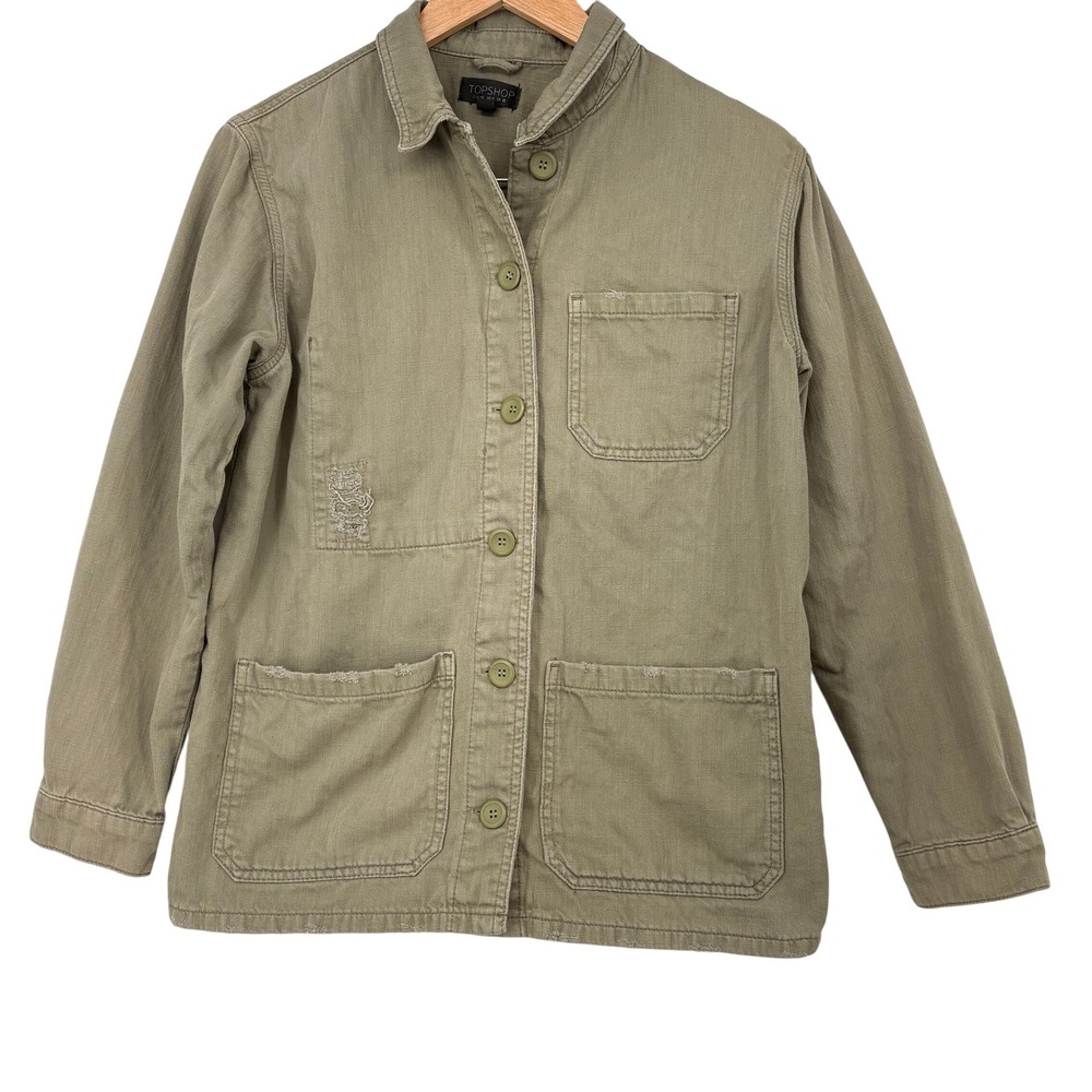Topshop Chore Jacket Womens Size 8 Olive Green Distressed Cotton Utility Shacket